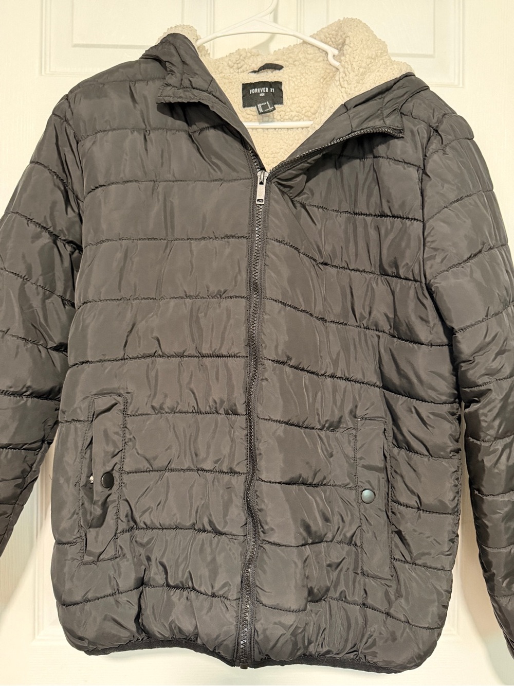 Forever 21 Men's Gray Quilted Puffer Jacket with Sherpa Lining